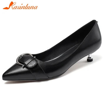 

KARINLUNA New Fashion Genuine Leather Lady Thin Heel Casual Pumps Slip On Pointed Toe Buckle Shallow Pumps Women Shoes Woman