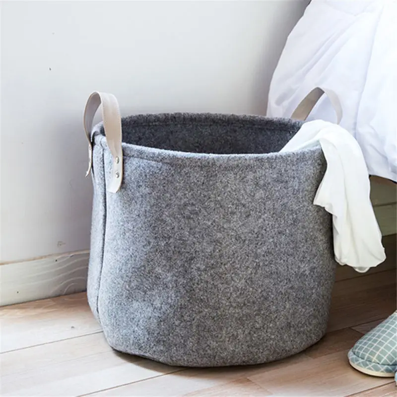 Storage Basket Organizer Bin Large Woven Felt Round With Handle Collapsible 1pcs