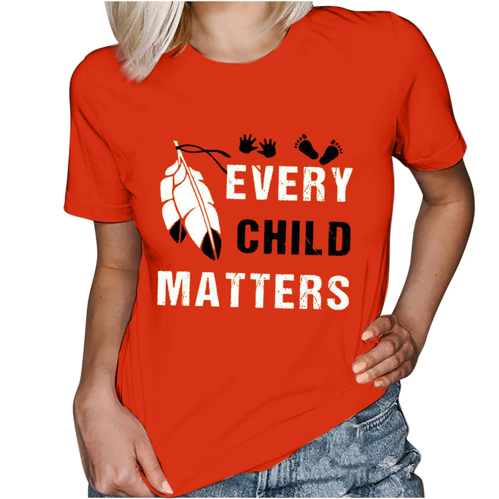 Women's Clothing Orange Festival Casual Printed T-shirt Round Neck Short Sleeve Tops Tees T-shirt For Women Every Child Matters 2