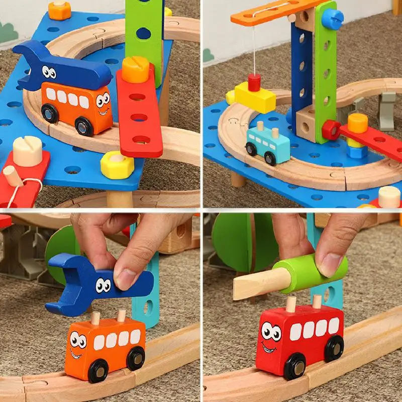 Деревянная железная дорога Игрушечный трек поезд набор детский слот Автостоянка гараж для автомобиля Железнодорожный транспорт Voiture головоломка трек игрушки для детей