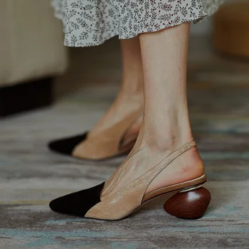 

Womens Pointed Toe Match Colors Real Suede Leather Sandals Strange High Heel Slingbacks Summer Shoes C007