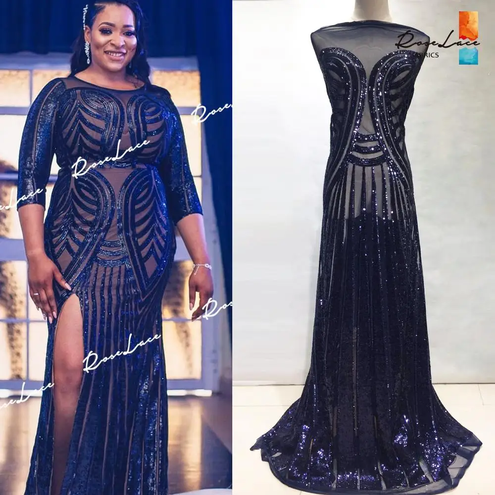 

Deep Blue Sequins Mesh Lace Fabrics African Nigerian Women Bride Dresses Sewing Material Sequined Embroidered Mesh Sequins Laces