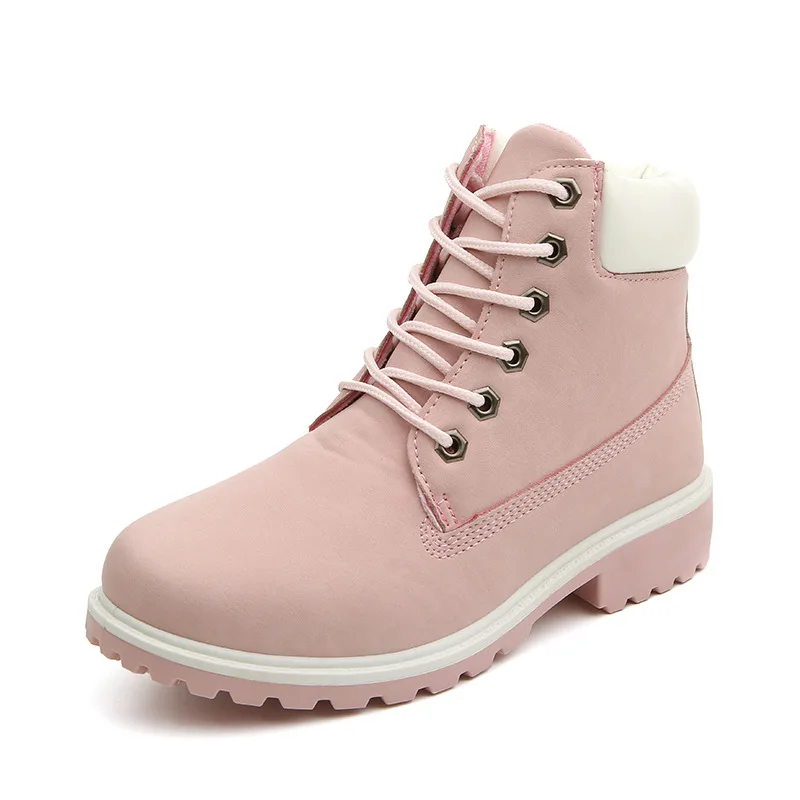 Модные кроссовки на плоской подошве; женские зимние ботинки; коллекция года; зимние ботинки; женская обувь; однотонные женские зимние ботильоны на шнуровке; повседневная женская обувь - Цвет: Pink