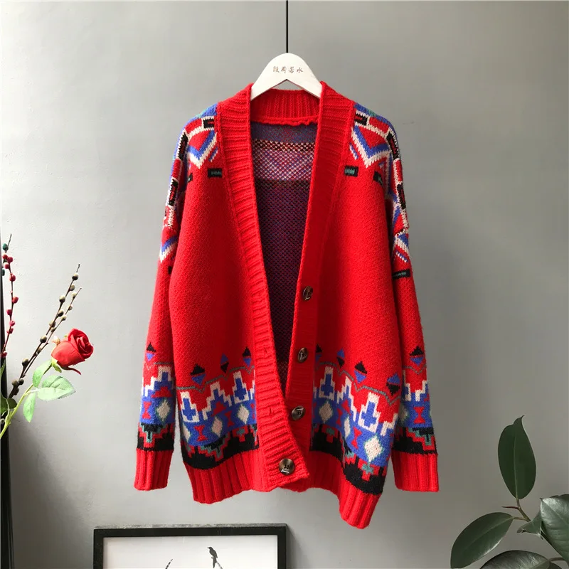red Вязаный кардиган, пальто, верхняя одежда, Повседневный корейский женский свитер, зимний осенний вязаный свитер, Женский Рождественский свитер - Цвет: red