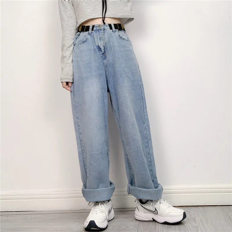 

Vintage High Waist Baggy Jeans Pants Women Streetwear Casual Loose Winter Boyfriends Style Belt Blue Straight Leg Trousers 2020
