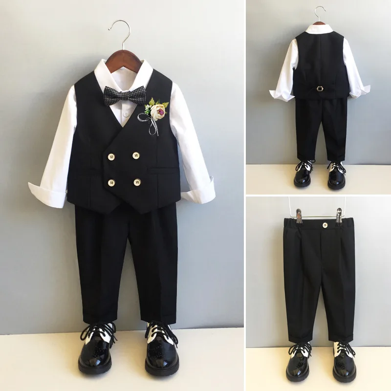 Boys Formal Double Breasted Dress Suits Set Spring Autumn British Children Birthday Party Performance Costume Kids Vest Pants