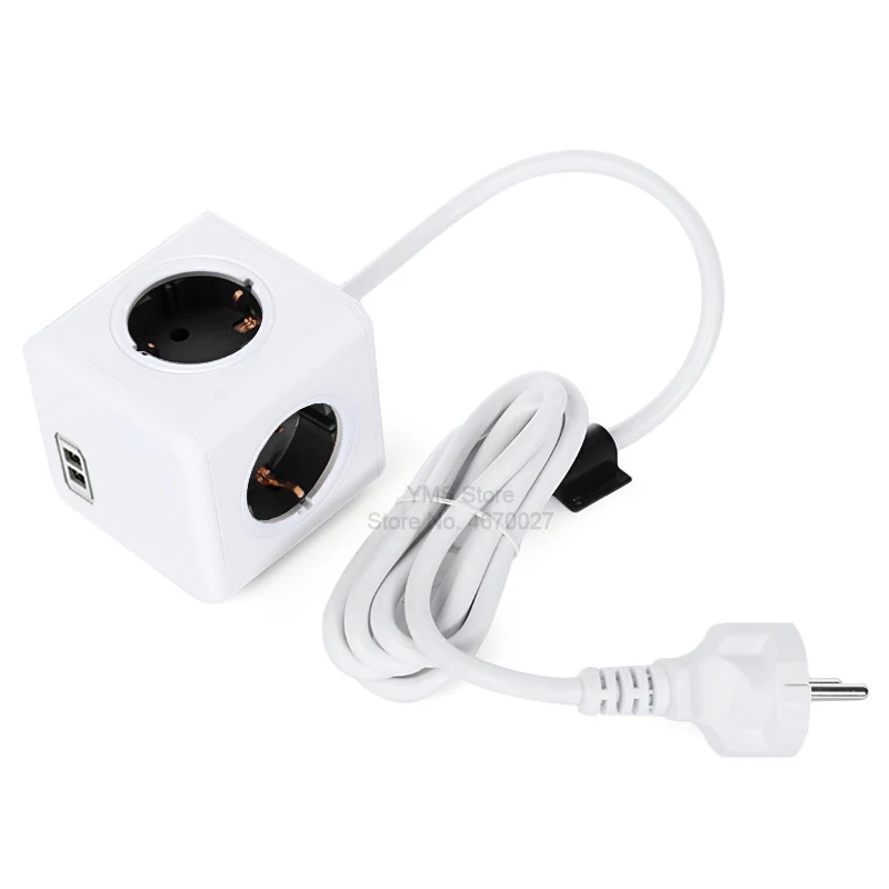 Allocacoc EU Plug Smart Extension Power Strip Electrical Socket Powercube Cable 3m 2 USB 5V 2.1A Charger Adapter 4 Outlets Home