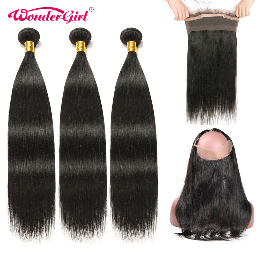 

Pre Plucked 360 Lace Frontal With Bundle 3PCS Brazilian Straight Human Hair Bundles with Closure No Tangle Non Remy Wonder girl