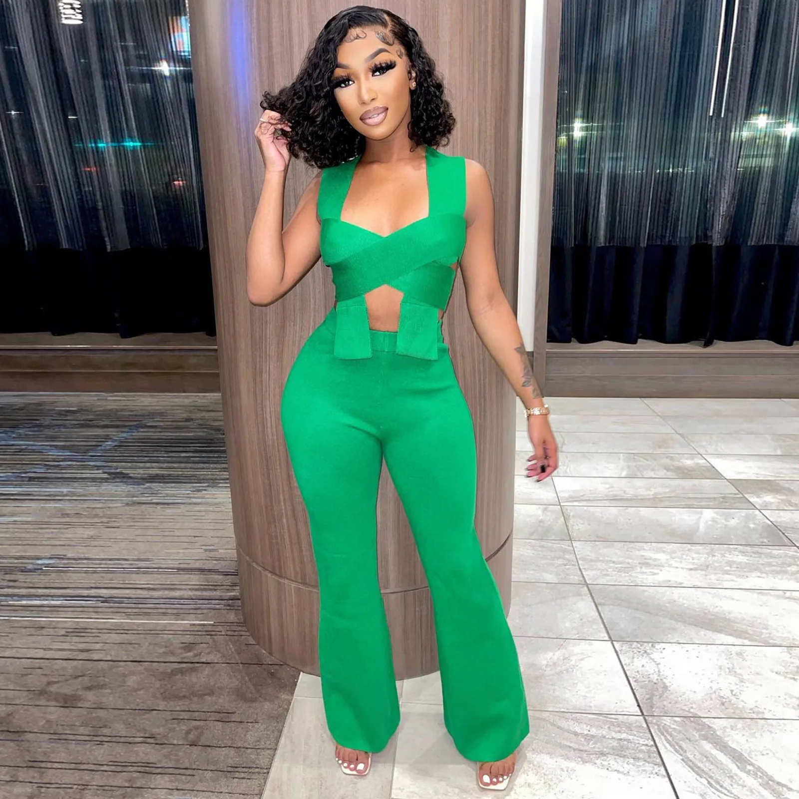 VBPB 2022 New Special Green Fresh Women Of Quality Sexy Club Hollow Out Tank Sleeve Long Wide Leg Pants 2 Piece Set |