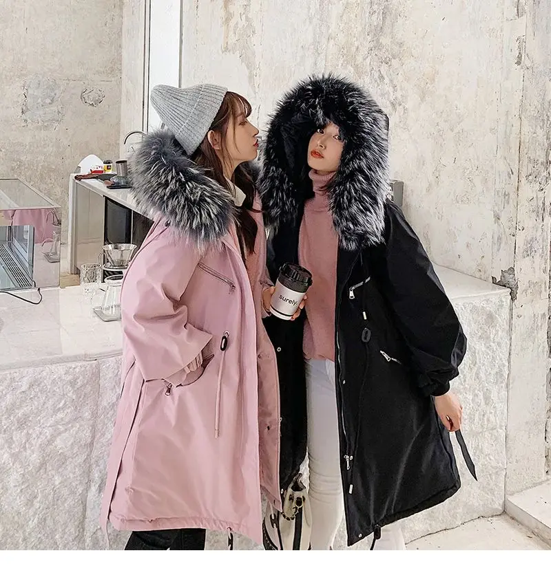 Большой меховой воротник женские длинные пальто парка женские s куртки Drawstring Dagonal молния дизайн женская зимняя куртка с хлопковой подкладкой