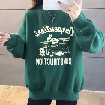 

Punk Lamb Velvet Thicker Plus Size Pullovers Hoodies Women Green Letter Prints Round Neck Long Sleeve Oversized Tracksuit Female