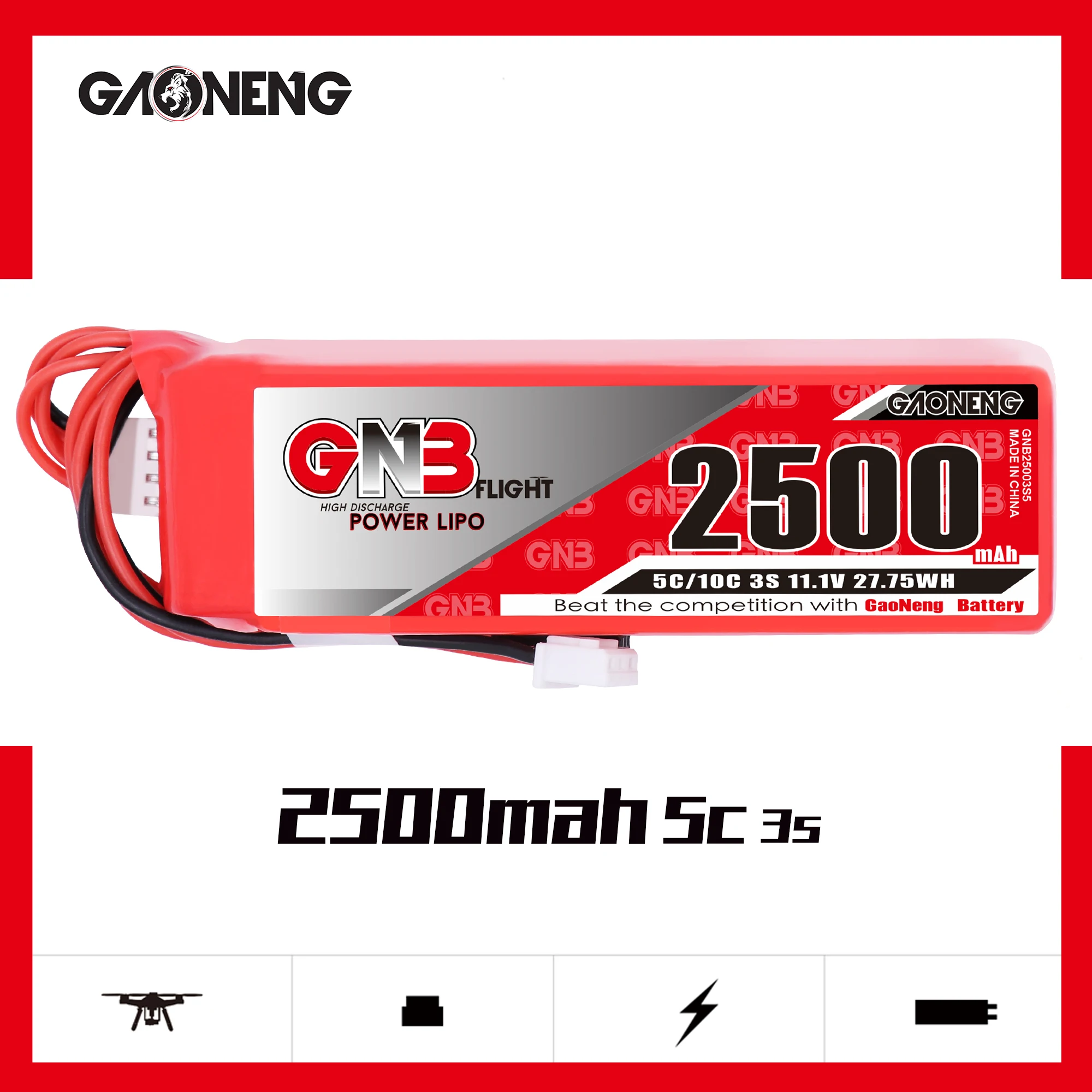 

Gaoneng GNB 2500MAH 3S 11.1V 5C Lipo Battery Futaba JST Plug for Frsky X9D Plus Futaba Spectrum Transmitter Remote RC FPV Drone