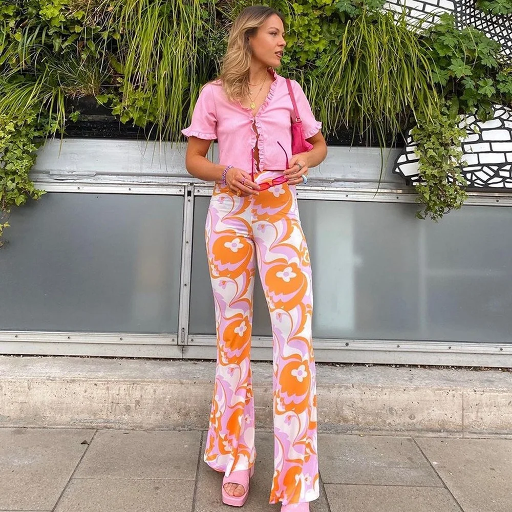 Vintage Floral Print Skinny Y2K High 