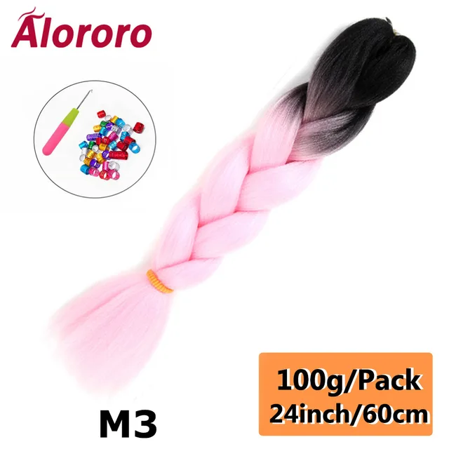 Alororo Synthetic Kanekalon Hair 24 Inch Ombre Extensions Hair for Braids Afro Blue Pink Purple Crochet Braiding Hair Wholesale 24inches-M3
