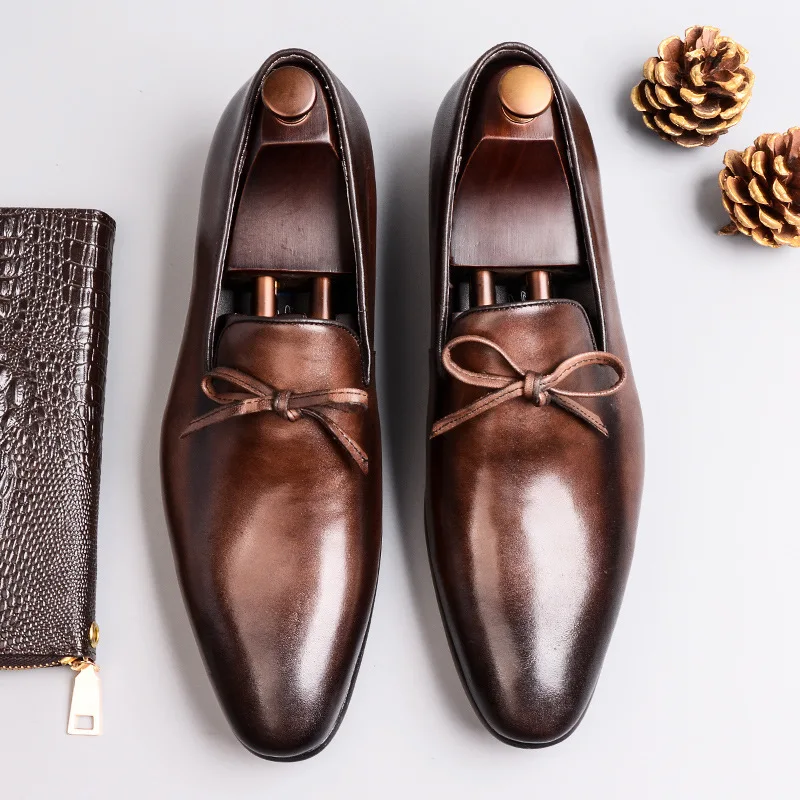 Merkmak New Autumn Men Loafers Genuine Leather Dress Shoes Fashion Bow-knot Slip-on Busniess Formal Shoes Big Size 37-46 Flat