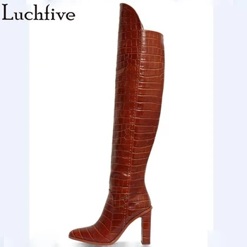 

New Textured Long Boots For Women High Heels T-Show Boots Femme Sexy Poiny Toe Shoes Woman Khaki Black Over The Knee Boots Women