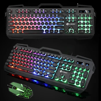 

Metal Panel Mechanical Gaming Wired Keyboard With Mouse Set Round Key Cap Retro Gamer Key board LED Game Mice Multimedia Button