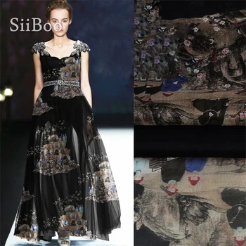 

Chinese style black with designer printed 100%silk organza fabric for dress pure silk fabric for sewing tela tejido 6mm SP3658