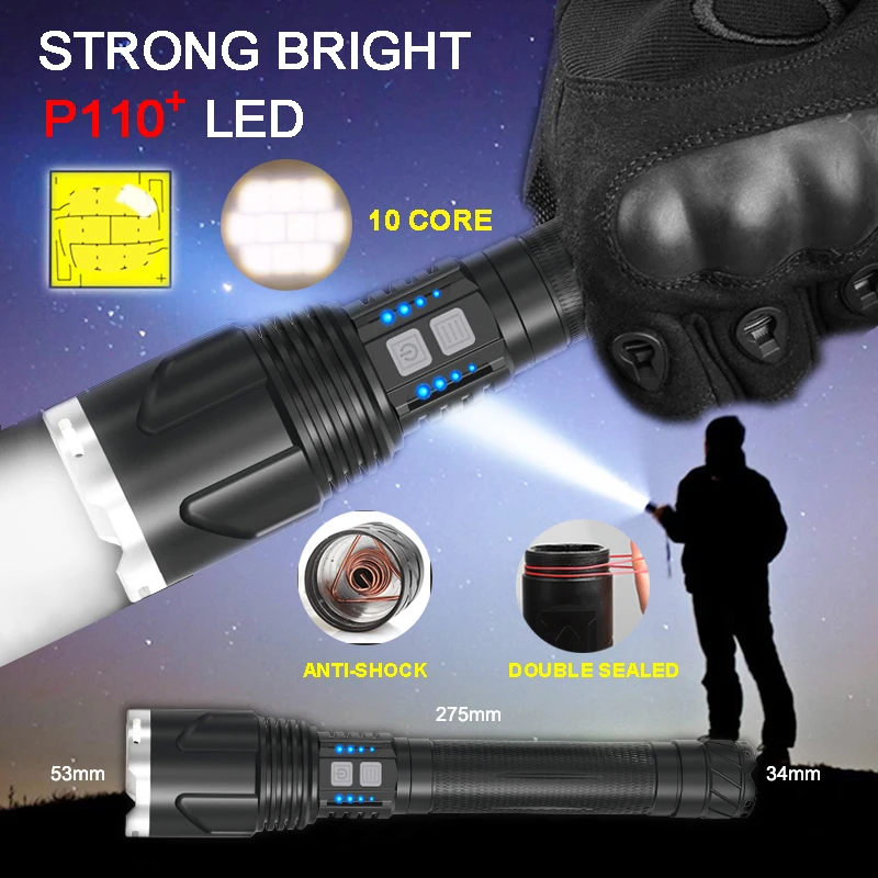 

Ultra Bright XHP110+ Powerful Flashlight 26650 USB Rechargeable Led Lamp 18650 Zoom Torch As Power Bank Tactical Bike FlashLight