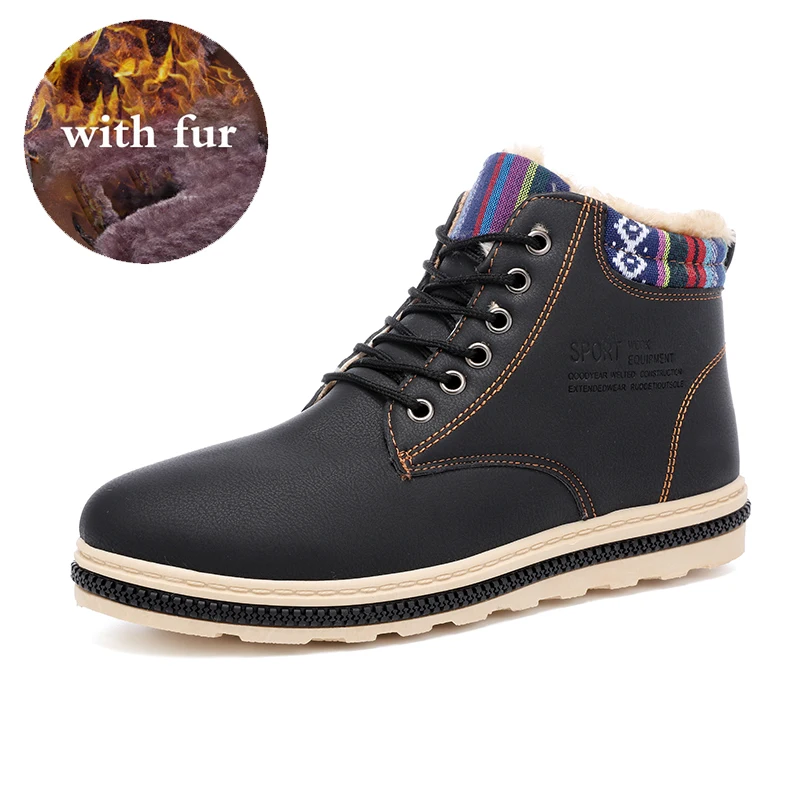 

2020 Men's Winter Snow Boots with Fur Rubber Ankle Boots Cow Split Leather Shoes Fashion High Quality Men Outdoor Work Shoe