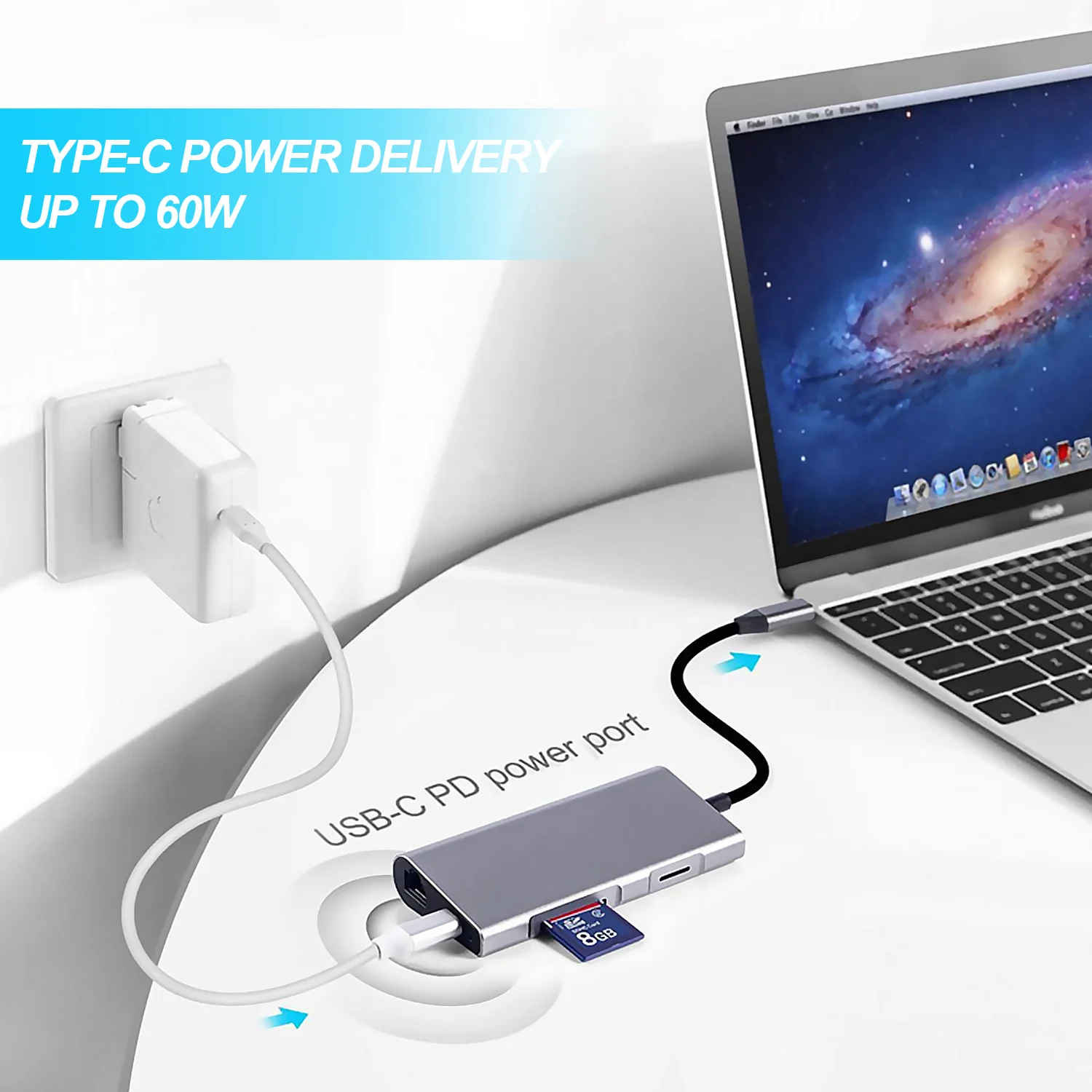 8 в 1 портативный 100m высокоскоростной usb type-C концентратор адаптер разветвитель концентратор с 4K HDMI порт совместим с Apple MacBook