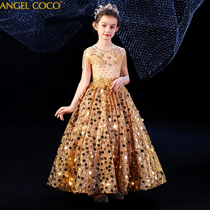 

Girls dress luxury children's high-end catwalk princess dress Kids golden piano costumes Luxury Formal Teenage Girls Party Gown