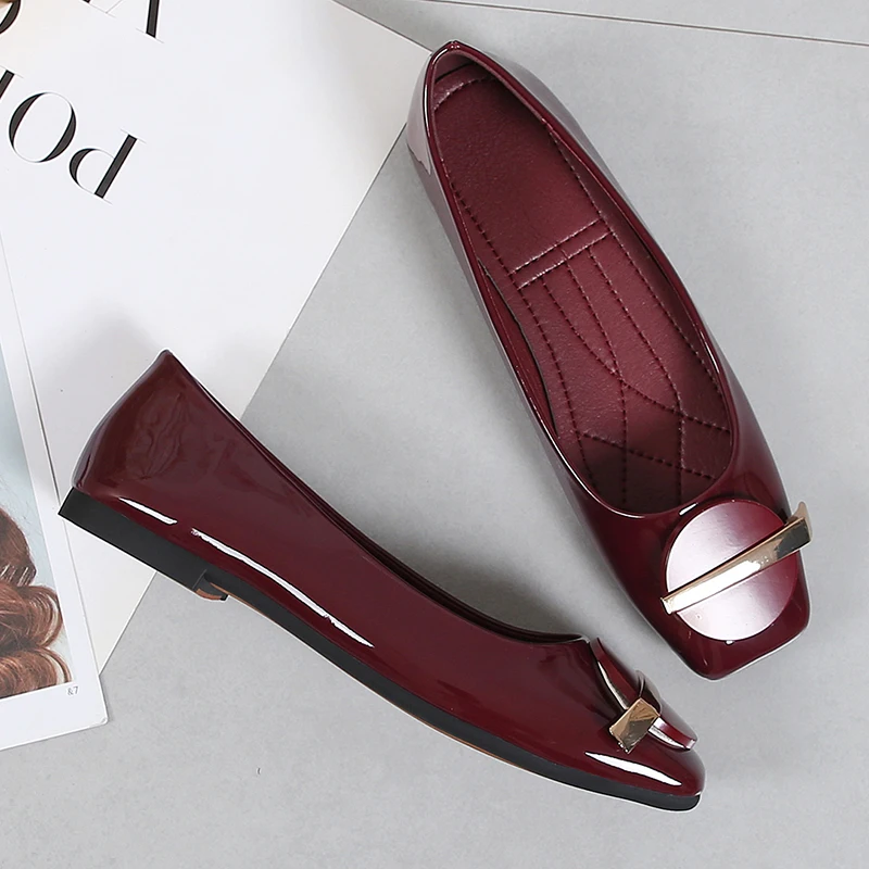 Women Flats Wedding Shoes Patent Leather Square Toes Black Red Flats Shoes Flat Slip On Spring Summer Party Plus Size