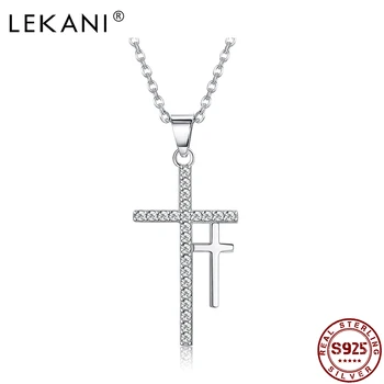 

LEKANI 925 Sterling Silver Pendant Necklace Fashion Double Cross Set Diamond Pendant Romantic Party Jewelry Necklace Gift 2020