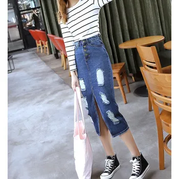 

Women Sexy High Waist Split Mid Denim Skirts Solid Vintage Single-Breasted Ripped Hole Bodycon Skirt Casual Pencil Skirts