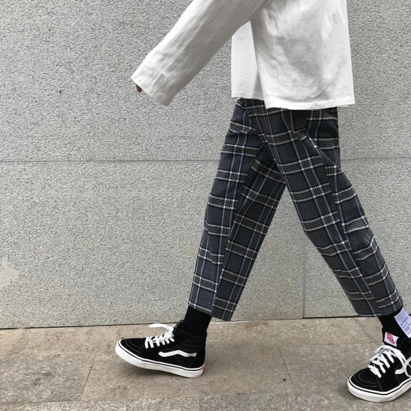 Cotton Plaid Pants Men s Fashion Casual Retro Straight Trousers Mens Streetwear Wild Loose Hip Hop 3