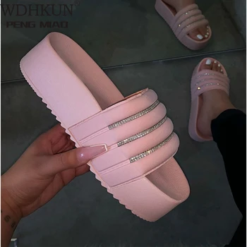 

WDHKUN Wild Fashion Ladies Spring Summer/women Waterproof Platform Thick Bottom Rhinestone Slippers Candy-colored Beach Sandals
