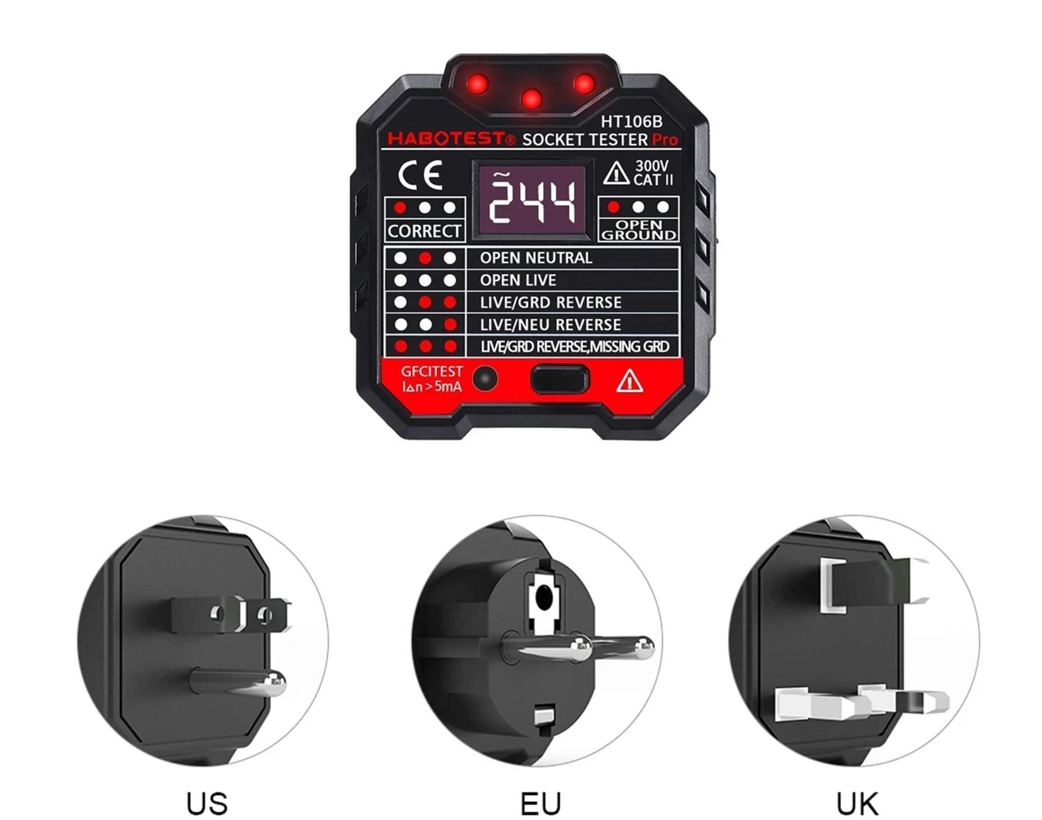 UK Mains Steckdose Checker Tester Test Safety Check Wiring FAULT DETECTOR 