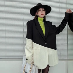 Blazer oversized das mulheres 2022 primavera nova moda coreano terno lapela preto e branco contraste cor solto blazer femenino