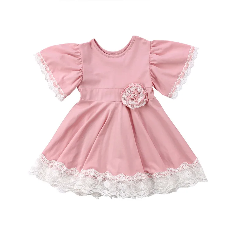 

New Kids Baby Girl Summer Dress Lace 3D Floral Party Tutu Dress Solid Short Flare Sleeve Ball Gown Dress Girl Clothes 1-5T