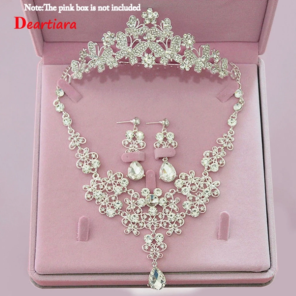 

Rhinestone Butterfly Jewelry Sets Crystal Bridal Necklaces Earrings Tiaras Sets For Women Girl Wedding Birthday Festival