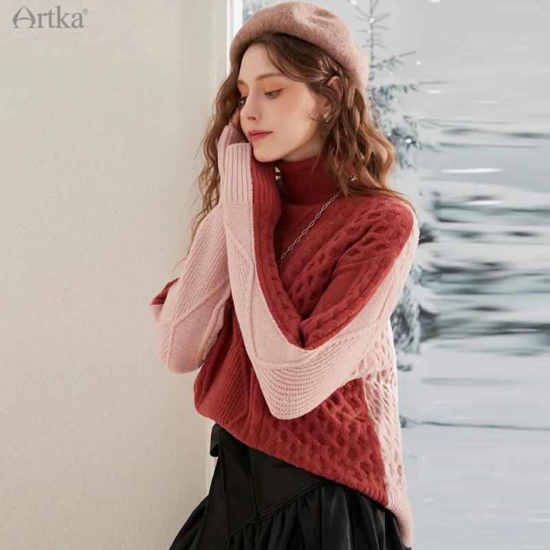 

ARTKA 2021 Winter New Elegant Ribbing Knitted Turtleneck Pullover Sweater Patchwork Loose Soft Wool Sweaters Women YB11484D