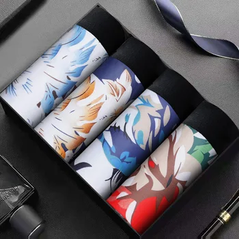 

4Pcs/Lot Fashion Men Boxers Shorts Homme Printed Silk Underwear Male Comfortable Pouch Underpants Breathable Panties Plus Size