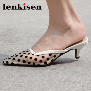 

Lenkisen air mesh polka dot sexy lady slip on mules med heel French romantic small square toe fashion handmade women pumps L32