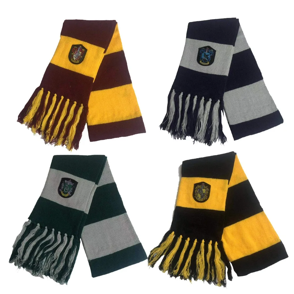 Cosplay Scarf Slytherin/Hufflepuff/Ravenclaw Striped Scarves Wraps Badge Knit Embroidery Hat Gloves