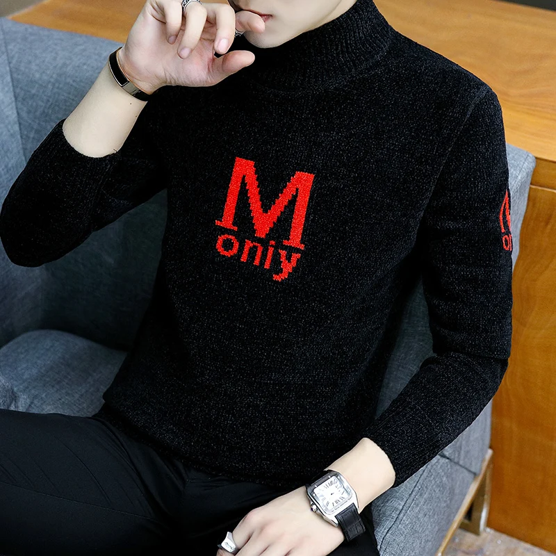 

2019 autumn and winter men's Thin pullover sweater youth Japanese retro round neck tide clothes Long coat Black Yellow