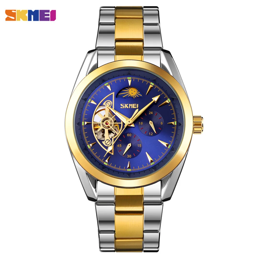 SKMEI Top Brand Waterproof Men Automatic Watches Strainless Steel Strap Moon Phase Mechanical Watch Relogio Masculino 24H Clock 