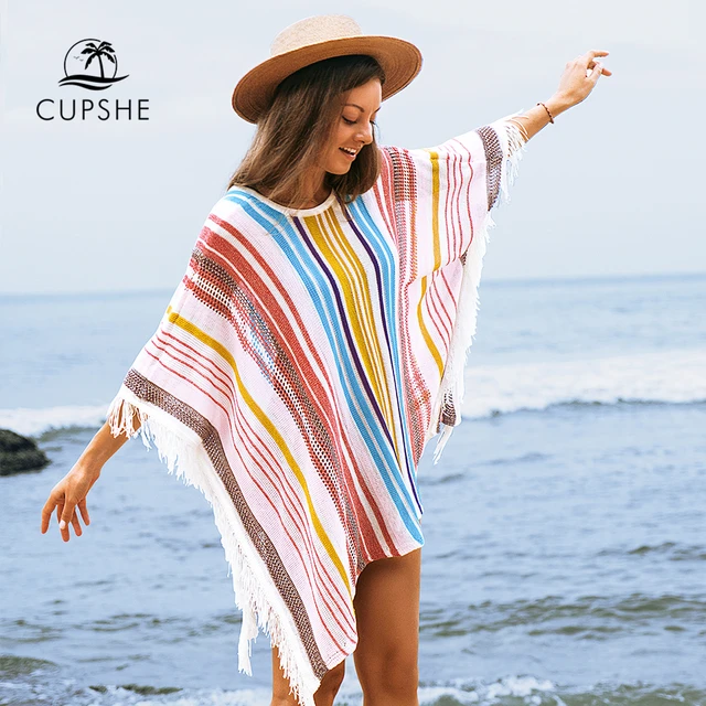 CUPSHE White Crochet Bikini Cover Up with Fringe Trim Women Sexy Hollow Tunic Beach Dress 2021 Summer Bathing Suit Beachwear 6