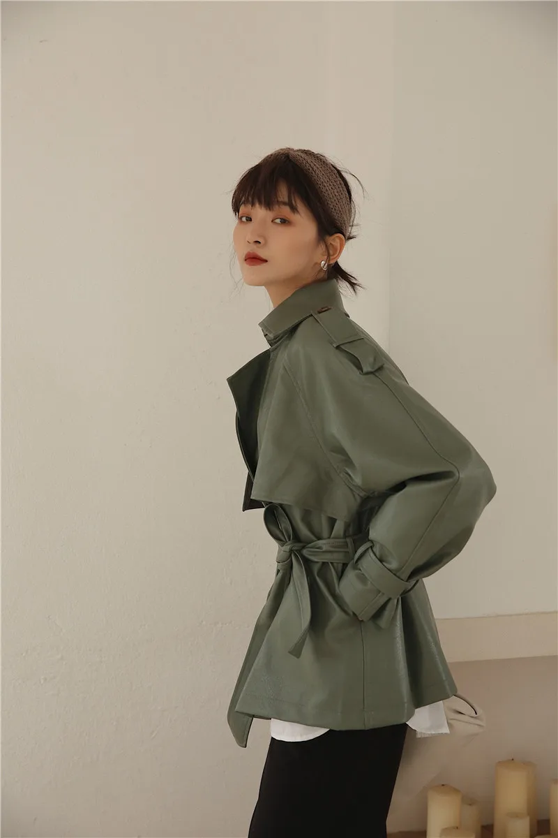 Hzirip Harajuku Matcha-green Женская Ретро мотоциклетная куртка из искусственной кожи плюс винтажная куртка на шнуровке шикарная Универсальная женская верхняя одежда