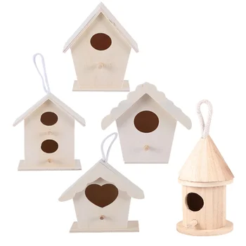 

5 Pcs DIY Unfinished Pendant Creative Wooden Bird Nest Birdhouse Garden Decoration Home Adornment Pendant Wood Color