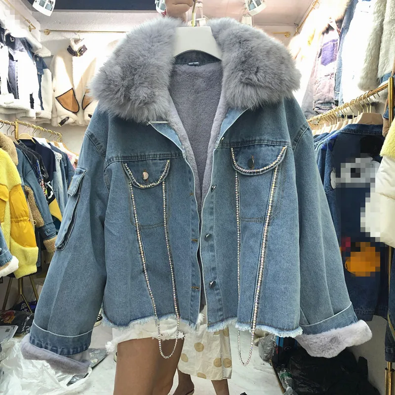Winter Real Fox Fur Collar Coat Denim Jacket Women New Removable Velvet Liner Padded Jacket Female Short Parka Fur Coat