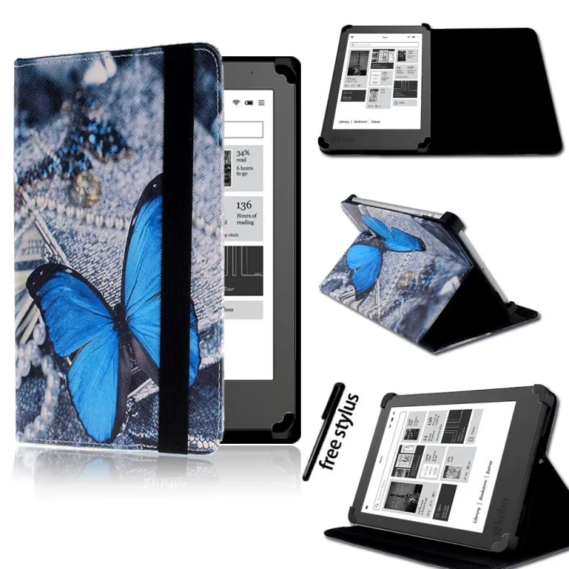 KK&LL для 2013 Kobo Aura " /NEW Aura Edition 2 6" eReader планшет-Кожаная подставка для планшета Folio Smart Cover чехол+ стилус - Цвет: Blue Butterfly