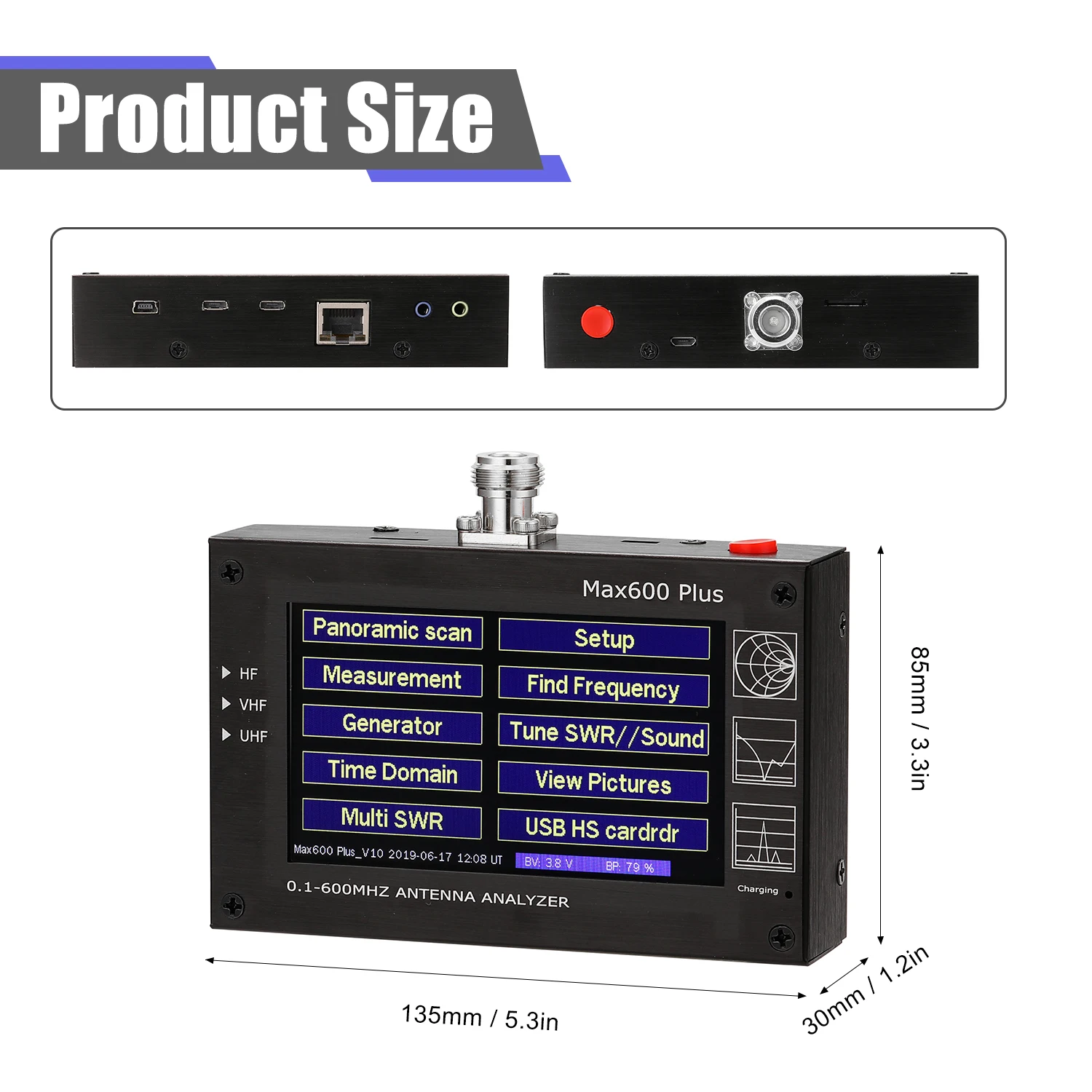 Max600 Plus HF VHF UHF антенный анализатор 0,1-600 МГц с 4," TFT lcd сенсорным экраном