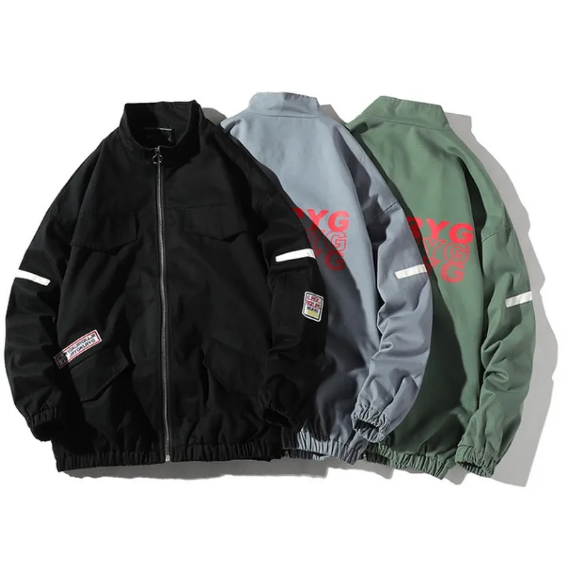 

Streetwear Man Jacket Casual Loose Men's Jacket Hip Hop Jacket Men Pocket korean Letter Printing Solid Color Zipper Men's Clothe