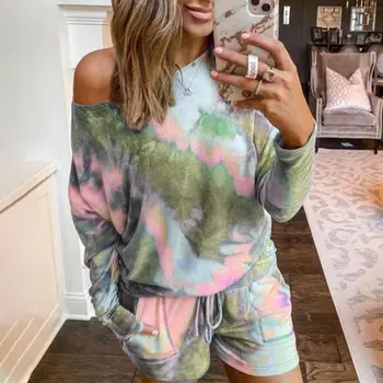 

JODIMITTY 2 Piece Sets Women Tie Dye Print Homewear Casual Tshirt Biker Shorts Sports Tracksuits Sleepwear Pajamas Lounge Wear