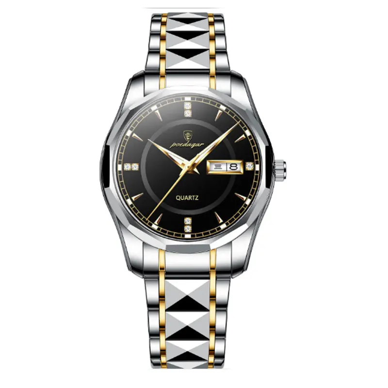 Men's Trend Waterproof Luminous Watch Steel Band Enlaid With Diamond Shuangrili Quartz Men's Watch Student Sports Watch